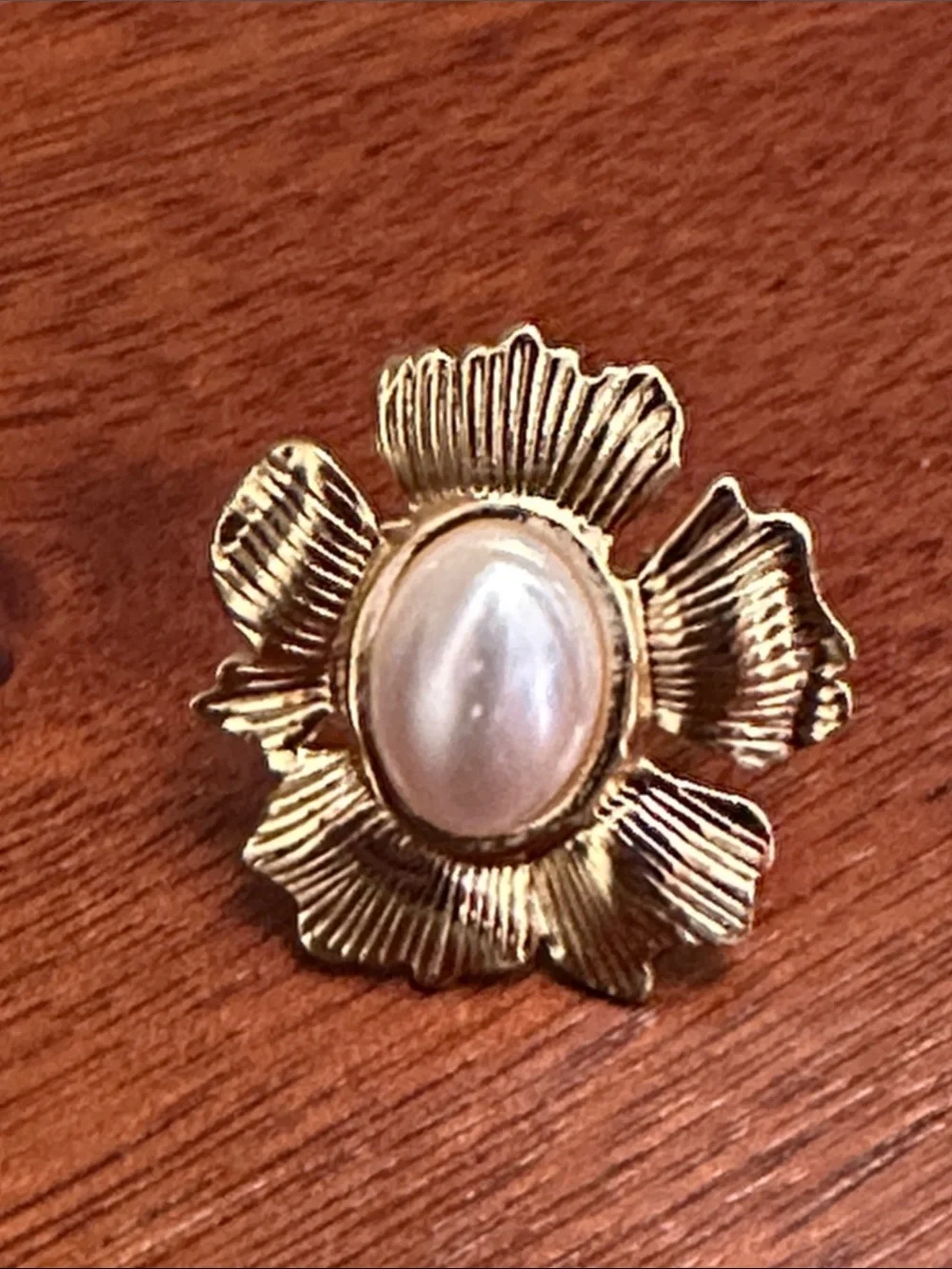 Gold Flower Pearl Center Statement Open Ring